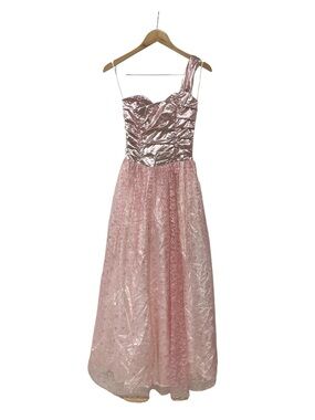 Vintage 80s Gunne Sax Pink Lace Lame One Shoulder Gown Prom Dress 7
